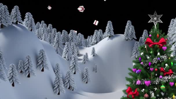 Різдвяна Ялинка Зимовому Пейзажі Фоні Різдвяних Подарункових Іконок Плавають Чорному — стокове відео