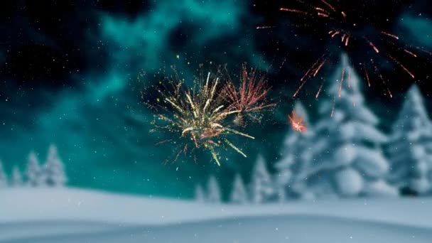Seasons Greetings Text Fireworks Exploding Snow Falling Winter Landscape Christmas — Stock Video