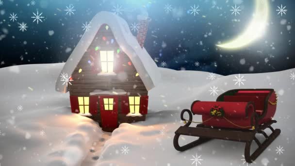 Animazione Neve Che Cade Sul Paesaggio Invernale Santa Slegh Natale — Video Stock