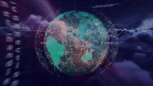 Animering Databehandling Och Jordglob Över Moln Svart Bakgrund Globalt Koncept — Stockvideo