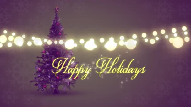 Animation Von Glücklichen Feiertagen Textstränge Aus Leuchtenden Weihnachtslichtern Und Weihnachtsbaum — Stockvideo