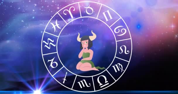 Animation Taurus Stjärntecken Med Horoskop Hjul Snurrar Över Stjärnor Blå — Stockvideo