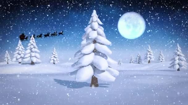 Анімація Санта Клауса Санчатах Оленями Над Снігом Падає Зимовий Пейзаж — стокове відео