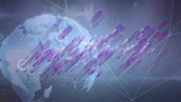 暗い背景にデジタルデータ 地球と接続のネットワーク上の紫色の形のアニメーション グローバルネットワーク接続デジタルインターフェースの概念デジタル生成されたビデオ — ストック動画