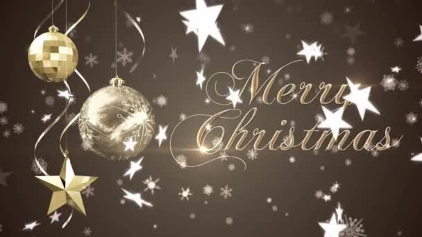 Sneeuwvlokken Vallen Vrolijke Kersttekst Opknoping Kerstversieringen Bruine Achtergrond Kerstfeest Viering — Stockvideo
