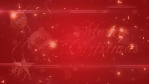Świecące Gwiazdy Unoszące Się Nad Wesołych Świąt Tekst Dekoracje Świąteczne — Wideo stockowe