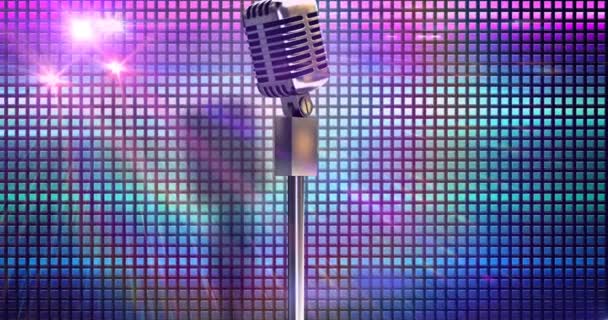 Animatie Van Retro Microfoon Kleurrijke Gloeiende Achtergrond Feest Muziek Entertainmentconcept — Stockvideo