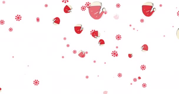 Animation Falling Snowflakes Santa Hats White Background Christmas Winter Tradition — Stock Video