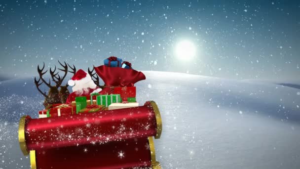Animation Snow Falling Santa Claus Sleight Reindeer Winter Landscape Christmas — Stock Video