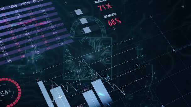 Animation Von Statistiken Und Datenverarbeitung Mit Online Sicherheitsschloss Auf Dem — Stockvideo