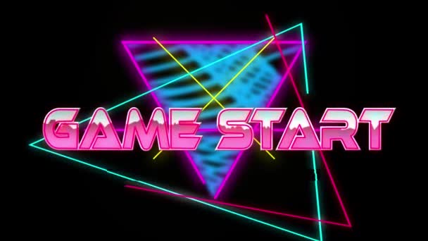 ゲームのアニメーションは黒を背景にライトトレイル上のテキストを開始します ビデオゲーム エンターテイメントとデジタルインターフェースの概念デジタル生成されたビデオ — ストック動画