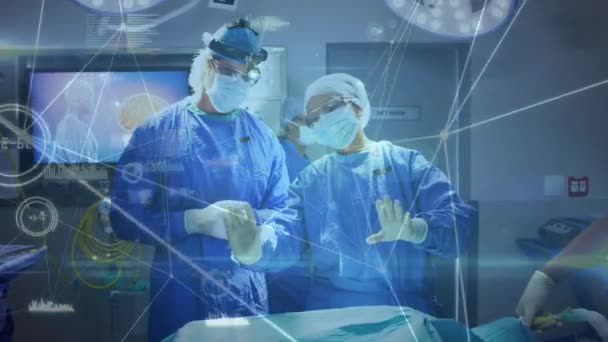 Animación Red Conexiones Procesamiento Datos Sobre Cirujanos Quirófano Concepto Tecnología — Vídeos de Stock