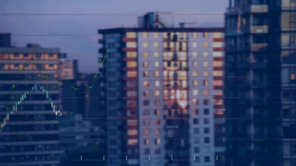 Animación Diversos Datos Gráfico Estadístico Sobre Distrito Financiero Ciudad Concepto — Vídeo de stock
