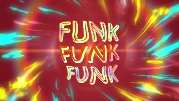 Animasi Funk Dalam Membengkokkan Teks Berwarna Warni Atas Swirls Berwarna — Stok Video