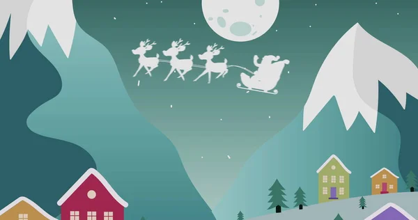Image White Silhouette Santa Claus Sleigh Being Pulled Reindeers Full — Stock Photo, Image