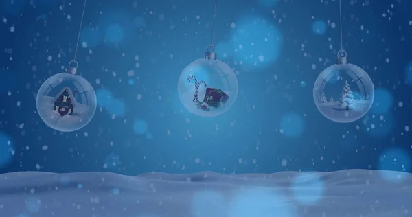 Изображение Снега Падающего Рождественские Безделушки Зимних Декорациях Рождество Традиции Концепция — стоковое фото