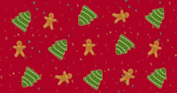 传统的圣诞图案与圣诞树 姜饼人在红色背景的无缝循环中运动的图像 圣诞佳节的概念数字生成的图像 — 图库照片
