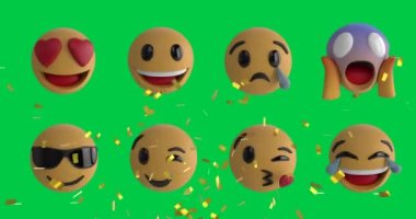 Yeşil ekran üzerine emoji simgeleri üzerine konfetilerin düşüşünün animasyonu. küresel sosyal medya, kutlama ve iletişim konsepti dijital olarak oluşturulmuş video.
