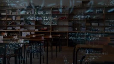 Matematiksel denklemleri boş sınıfta hareket ettirme animasyonu. eğitim ve öğrenim konsepti dijital olarak oluşturulmuş video.