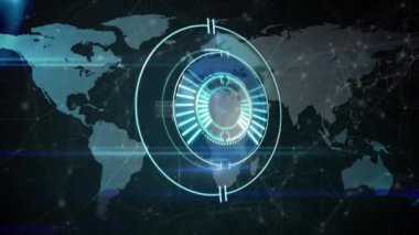 Neon yuvarlak tarayıcı ve dünya haritasında veri işlemeye karşı bağlantılar ağı. küresel ağ ve teknoloji kavramı
