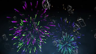 Birden fazla Noel konsepti simgeleri düşüyor ve mavi arka planda havai fişekler patlıyor. Noel şenliği ve yeni yıl kutlaması konsepti