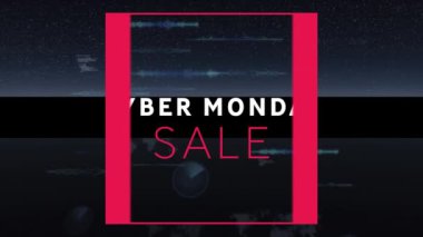 Siber pazartesi indirimli metin afişi, siyah arkaplanda veri işleme ve yuvarlak tarayıcılara karşı. satış indirimi ve perakende iş konsepti