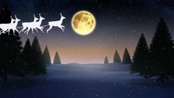 雪橇上的桑塔爪与驯鹿在降雪和冬季景观上的动画 圣诞节 传统和庆祝概念数字制作的视频 — 图库视频影像