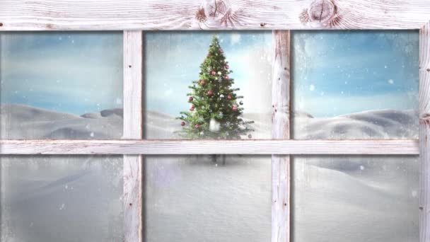 Finestra Legno Contro Neve Che Cade Sopra Albero Natale Sul — Video Stock