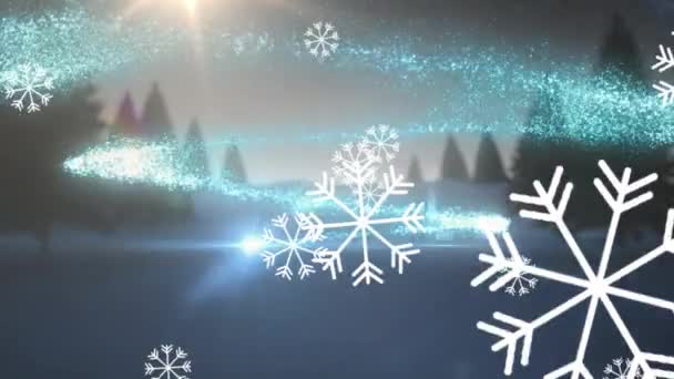 Snöflingor Faller Mot Ljuspunkten Vinterlandskapet Med Flera Träd Jul Festlighet — Stockvideo
