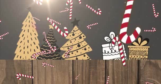 Анімація Снігу Цукерок Падають Над Ялинками Подарунками Чорному Тлі Різдво — стокове відео