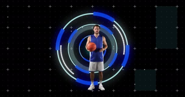 Animación Jugador Baloncesto Masculino Caucásico Sobre Escaneo Alcance Sobre Fondo — Vídeos de Stock