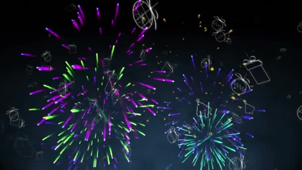 Mehrere Weihnachtssymbole Fallen Und Feuerwerkskörper Explodieren Vor Blauem Hintergrund Konzept — Stockvideo
