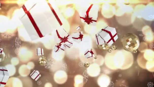 Flocos Neve Presentes Natal Ícones Bugiganga Flutuando Contra Manchas Amarelas — Vídeo de Stock