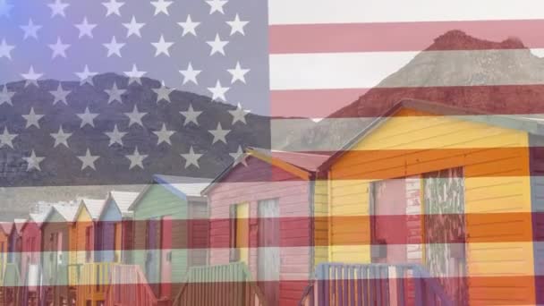 Animação Texto Ação Graças Sobre Bandeira Americana Montanhas Casas Conceito — Vídeo de Stock