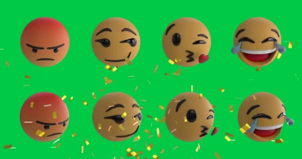Animación Emojis Iconos Sobre Confeti Cayendo Sobre Fondo Verde Concepto — Vídeo de stock