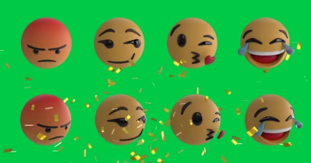 Animation Emojis Icons Confetti Falling Green Background Global Social Media — Stock Video