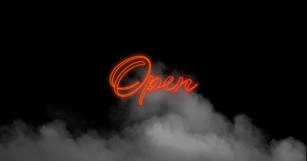 Cyfrowa Animacja Neonowego Pomarańczowego Otwartego Znaku Tekstowego Nad Efektem Dymu — Wideo stockowe