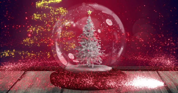 Image Snow Falling Glowing Spots Snow Globe Tree Red Background — Stock Photo, Image