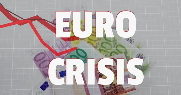 ユーロ危機テキストの画像で 赤い線がユーロ通貨の銀行券の上に下降します グローバル金融ビジネス経済危機の概念デジタル的に生成されたイメージ — ストック写真