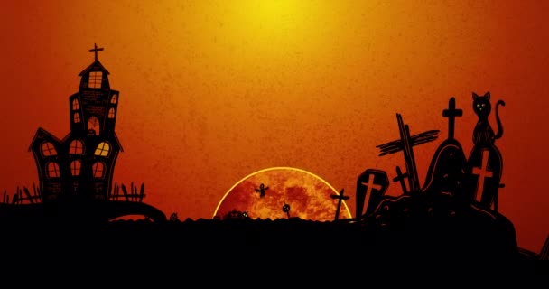Animacja Cmentarza Halloween Duchy Nietoperze Pająk Pełnia Księżyca Pomarańczowym Tle — Wideo stockowe