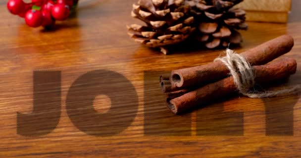 Animación Texto Navideño Alegre Sobre Decoraciones Sobre Fondo Madera Navidad — Vídeos de Stock