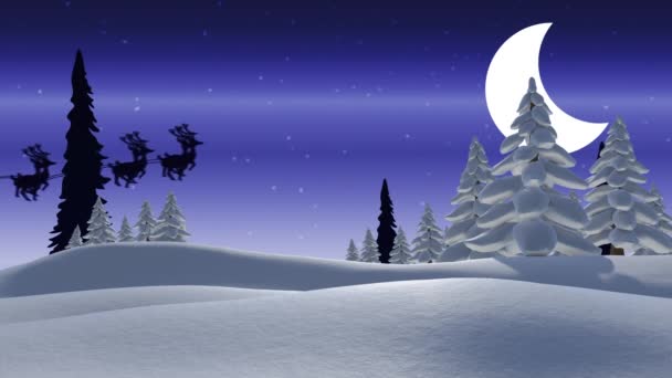Animation Von Schnee Der Über Bäume Auf Blauem Hintergrund Fällt — Stockvideo