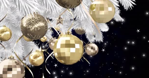Animación Adornos Colgando Árbol Navidad Sobre Fondo Negro Con Estrellas — Vídeos de Stock
