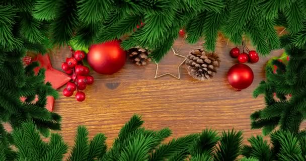 Animazione Cornice Abete Natale Decorazioni Sfondo Legno Natale Tradizione Concetto — Video Stock