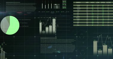 Renkli farklı grafiklerin ve istatistiklerin dijital görüntüsü kare desenli karanlık bir arkaplana karşı ekranda hareket ediyor