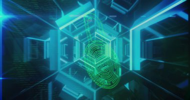 Dijital mavi tünelin üzerindeki dijital güvenlik biyometrik asma kilit görüntüsü. Küresel teknoloji veri güvenliği finansman iş konsepti dijital olarak oluşturulmuş görüntü.