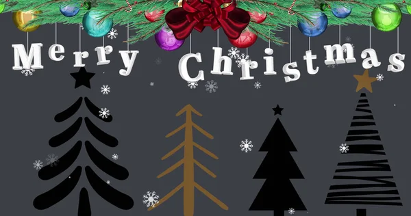 내리고 배경에 나무가 즐거운 크리스마스 문자가 전나무의 이미지 크리스마스 축하의 — 스톡 사진