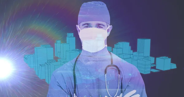 Bild Manlig Läkare Bär Ansiktsmask Över Digitalt Gränssnitt Blå Glödande — Stockfoto