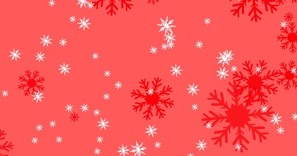Immagine Fiocchi Neve Rossi Bianchi Che Cadono Sfondo Rosso Natale — Foto Stock