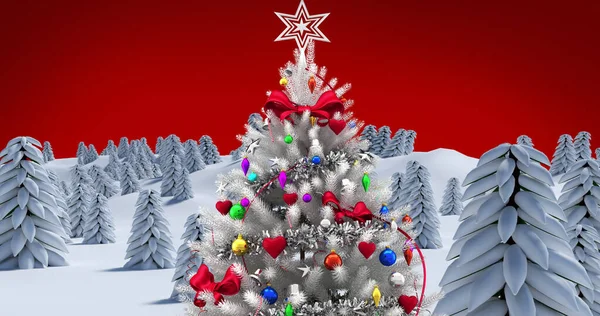 Imagen Abeto Con Decoración Paisaje Invernal Sobre Fondo Rojo Navidad —  Fotos de Stock